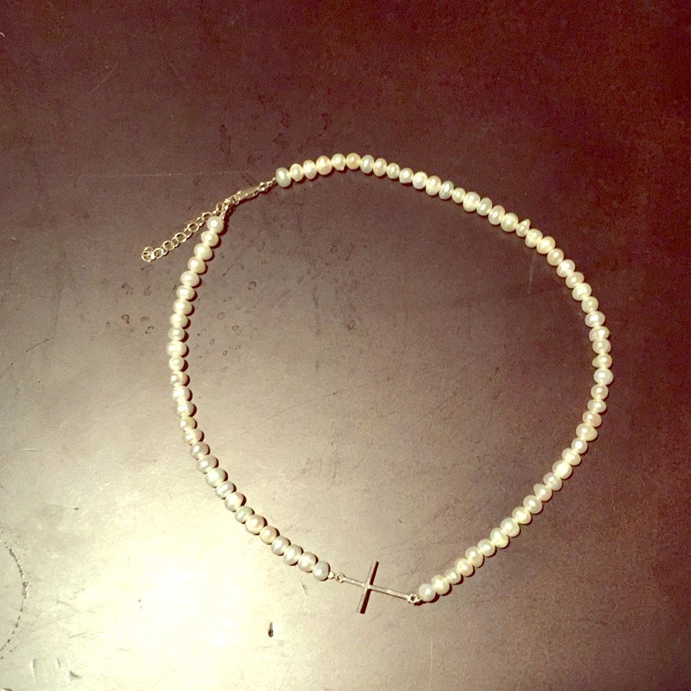 Pearl cross choker necklace